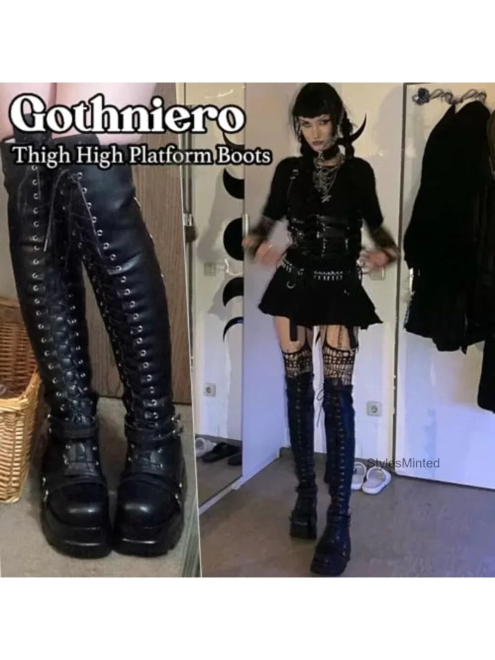 Thigh High Platform Boots for Women Chunky Heel Over Knee Lace Up Side Zip Goth